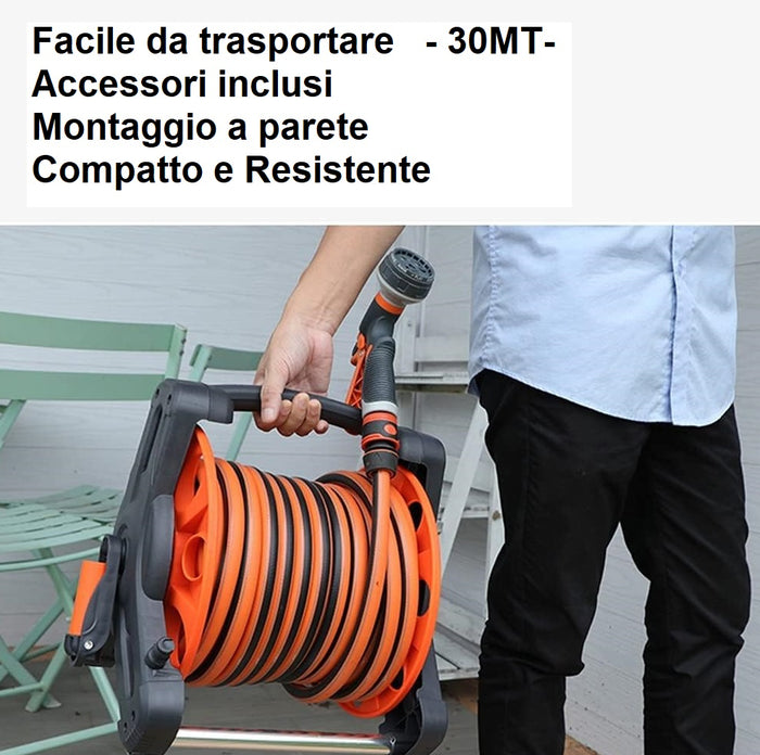 Avvolgitubo da Giardino 30mt PVC con Pistola 10 Funzioni e Supporto Parete