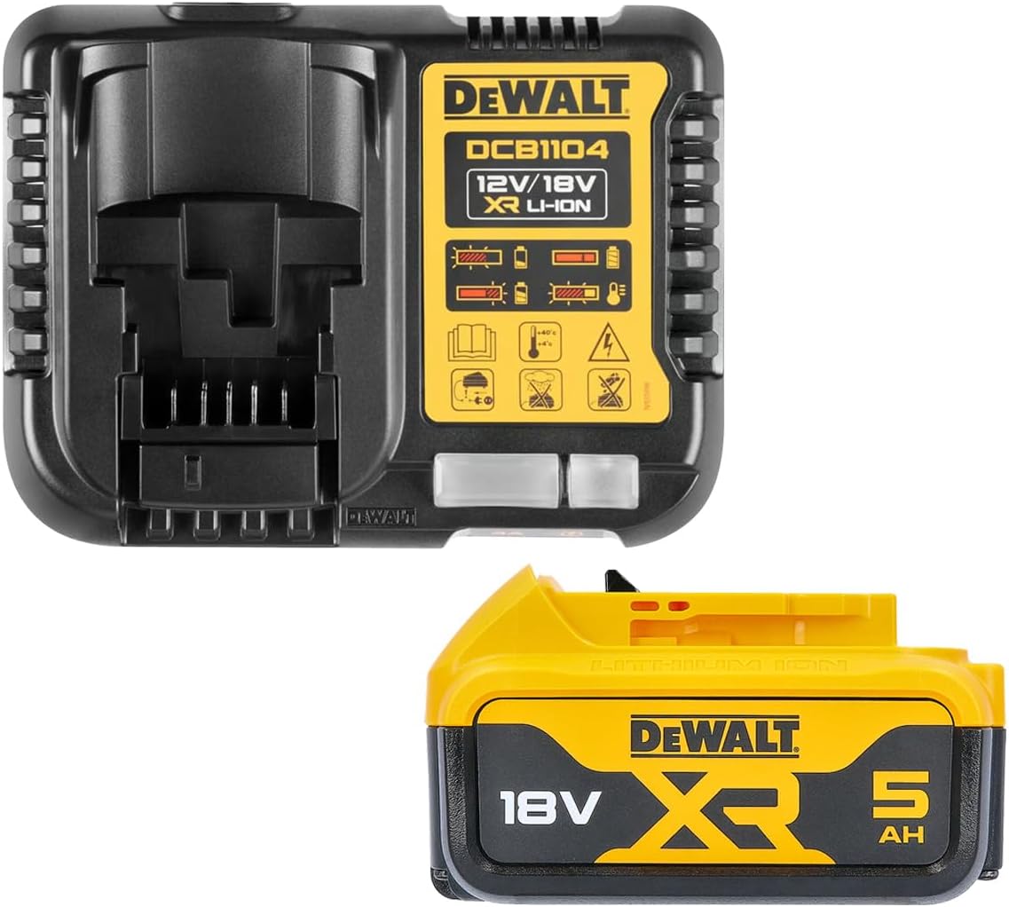 DeWalt Batteria agli ioni di litio XR da 5,0 Ah, 18 V con caricatore caricabatteria originale DCB1104 DCB184