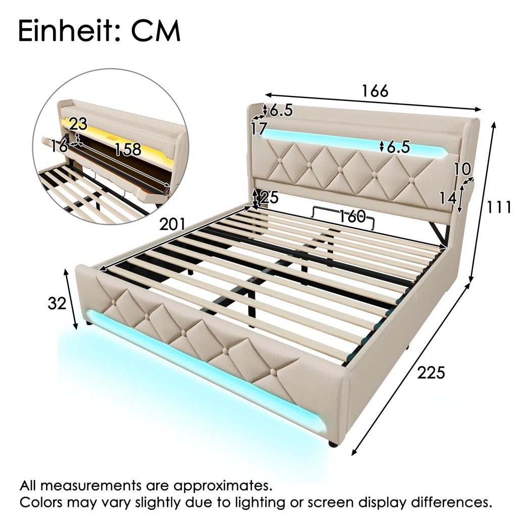 Letto matrimoniale 160x200 cm in lino beige con contenitore idraulico; LED 360掳; USB e Type-C