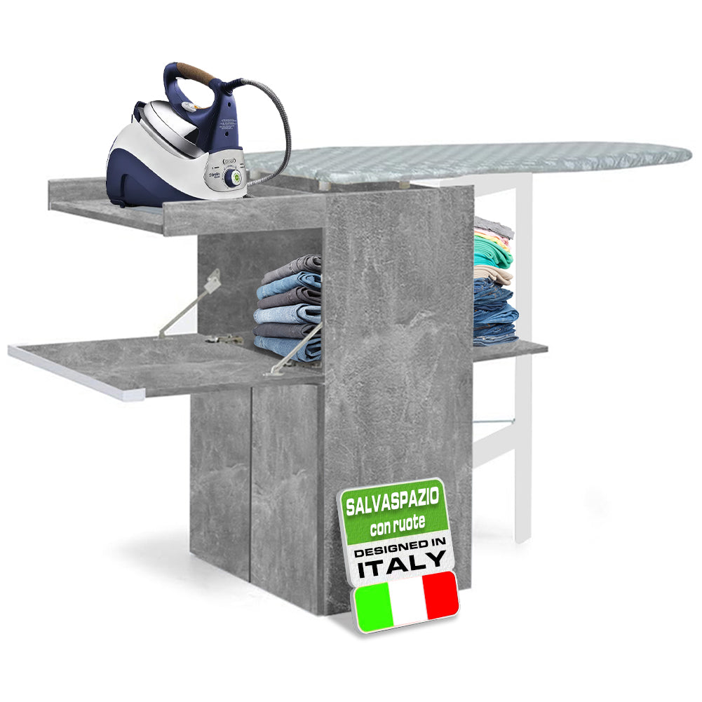 Mobile con Asse da Stiro Incorporato a Scomparsa Salvaspazio con Ripiani e Ruote Grigio