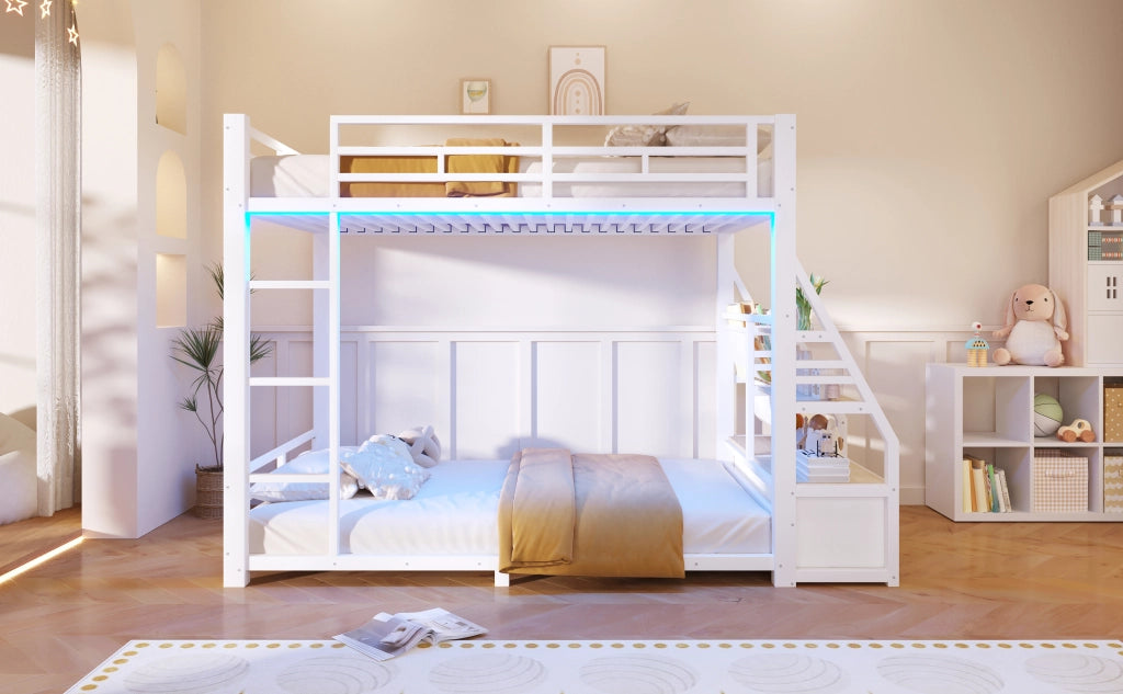DESMIU Letto a castello 90 × 200 cm 2 posti con LED, ripiani e 2 cassetti in tessuto, senza materasso, bianco