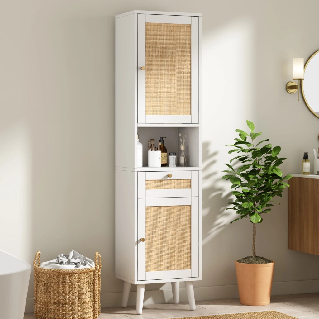 Colonna bagno con 2 ante; 1 cassetto e vani aperti con chiusura magnetica; per bagno; in MDF; bianco