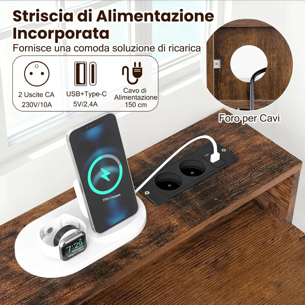 Scrivania Salvasapzio per Computer con Stazione di Ricarica 106 x 48 cm, Mensola sopra Tavolo, Cassetto e Libreria Laterale a 2 Ripiani, Tavolo Industriale per Ufficio e Casa (Marrone Rustico)