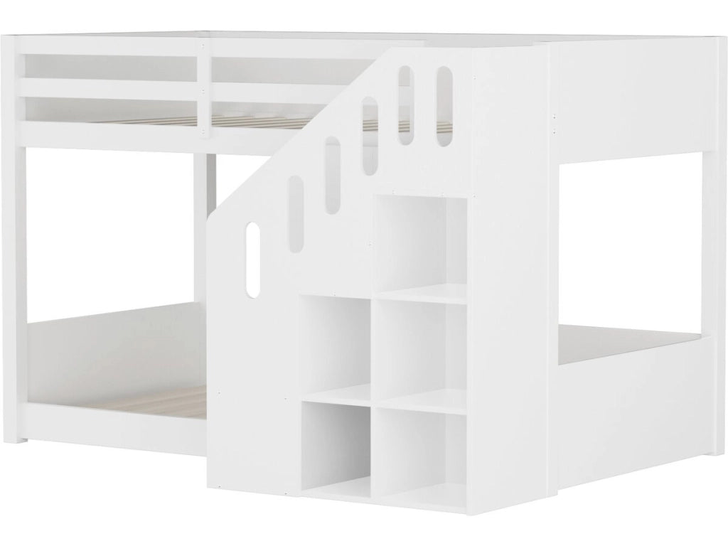 Letto a castello in legno con scaletta e contenitori "Léana" - 90 x 190 cm - Bianco