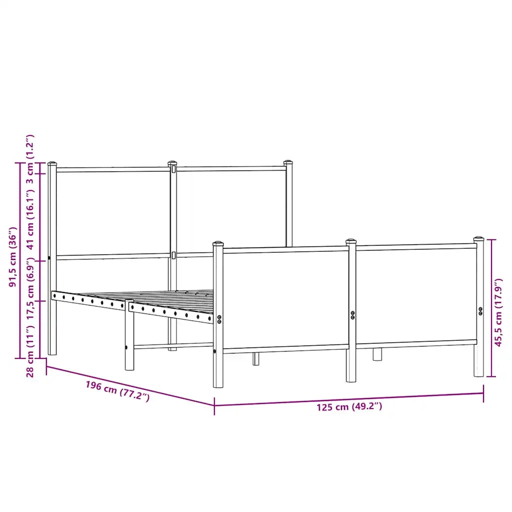 Letto matrimoniale | Letto per adulti | Giroletto senza Materasso in Metallo Rovere Fumo 120x190 cm