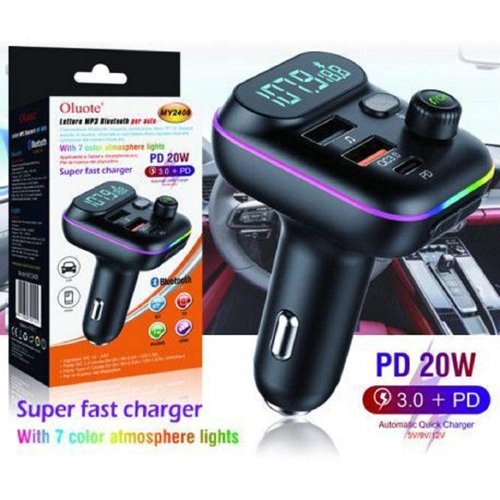 Trade Shop - Trasmettitore Fm Bluetooth Auto 2 Porte Usb Led Tf Pd 20w Lettore Mp3 Rgb My2408 -