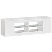 Mobile porta TV da 140 cm, con 6 scomparti, 2 ripiani in vetro, in truciolato, colore bianco.