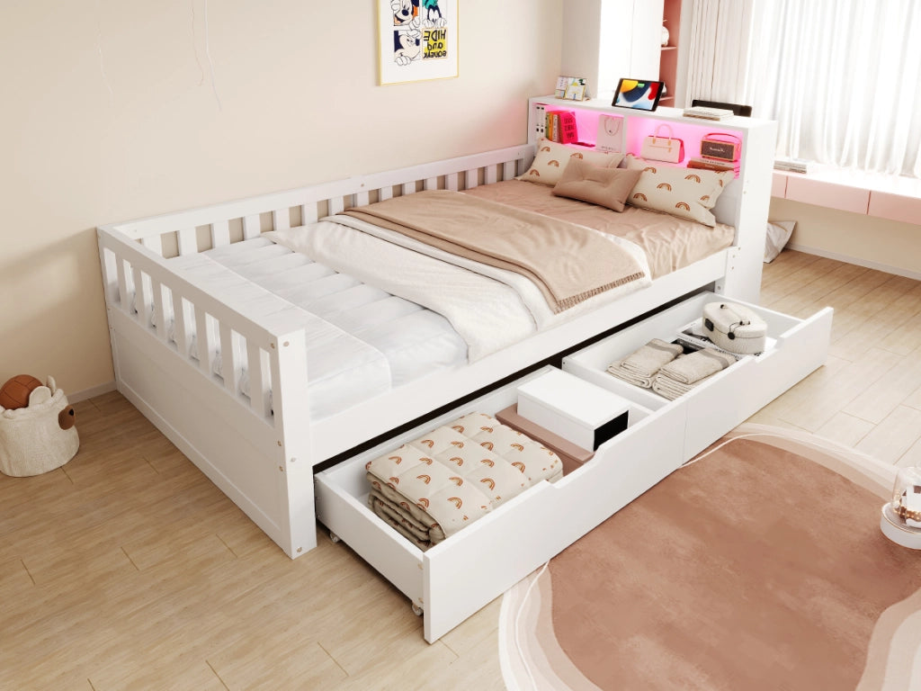 Letto in legno multifunzione con cassetti, LED e USB, 90x200 cm, bianco