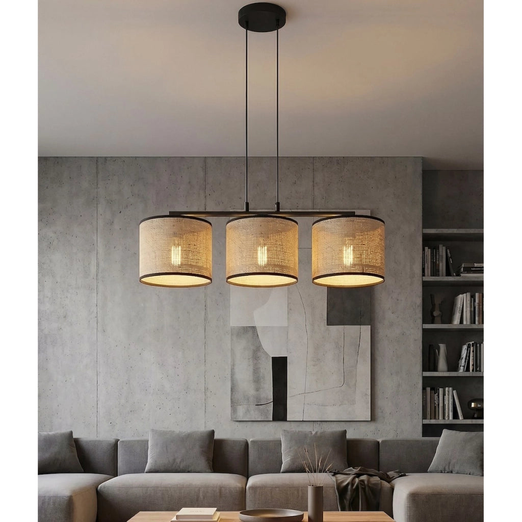 Lampada a sospensione Eco in acciaio nero e rattan
