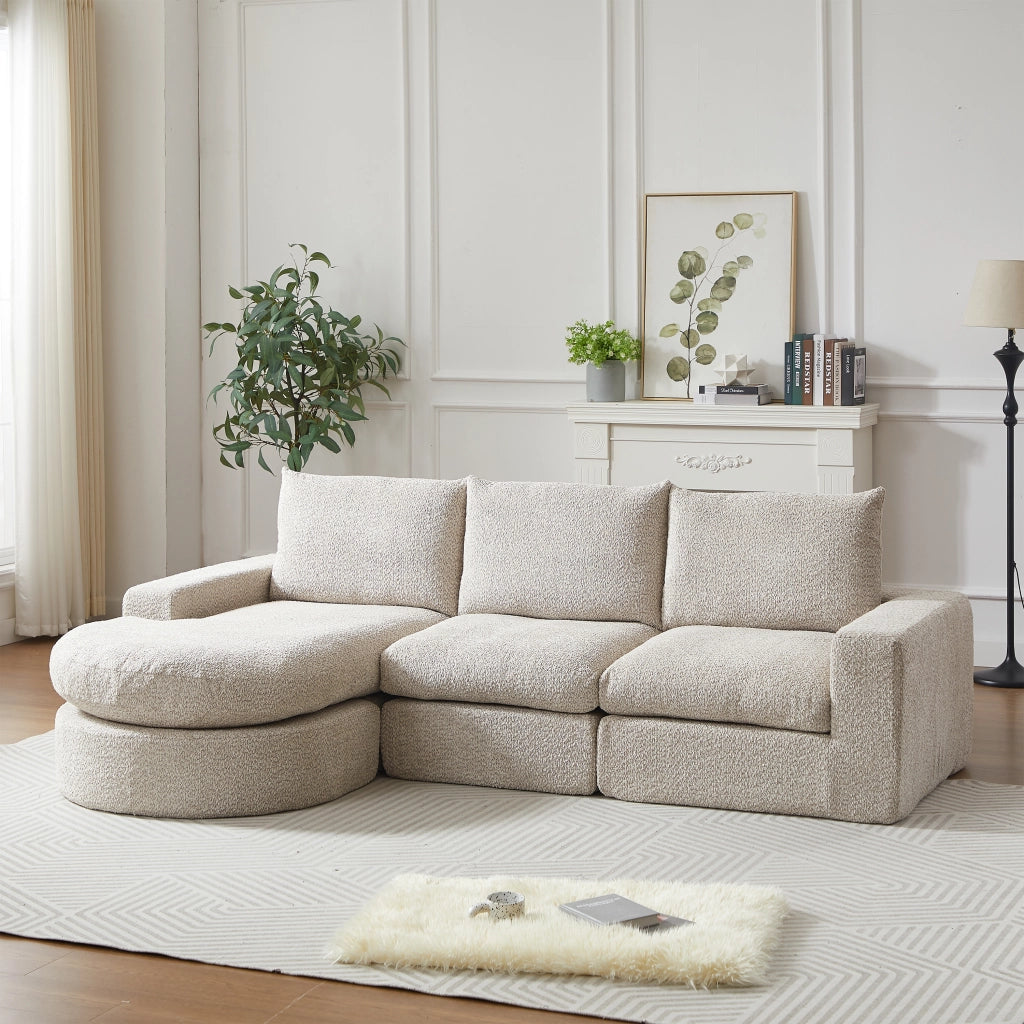 Divano modulare a quattro moduli con chaise longue reversibile e cuscini cervicali, in ciniglia beige e ferro
