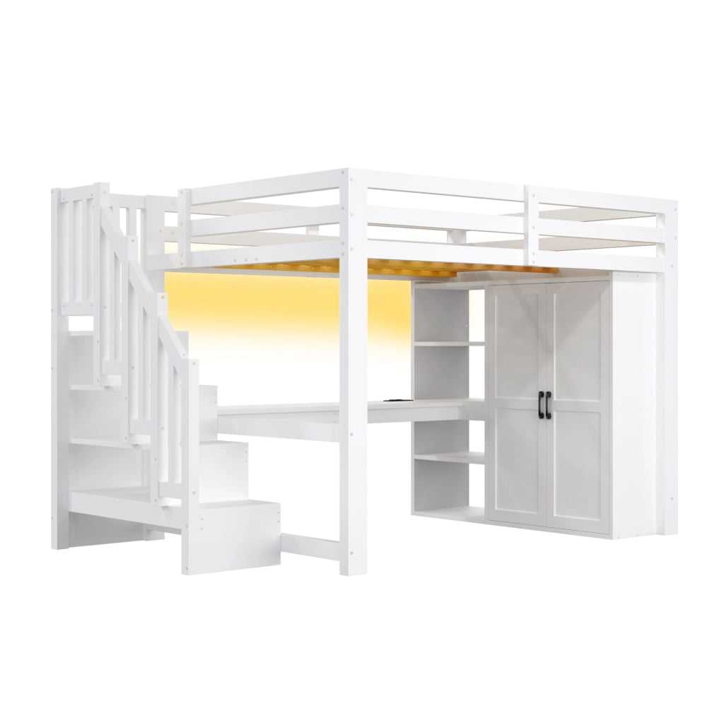 Letto a soppalco 140x200 cm con scrivania; armadio; scala contenitore; USB e LED; bianco