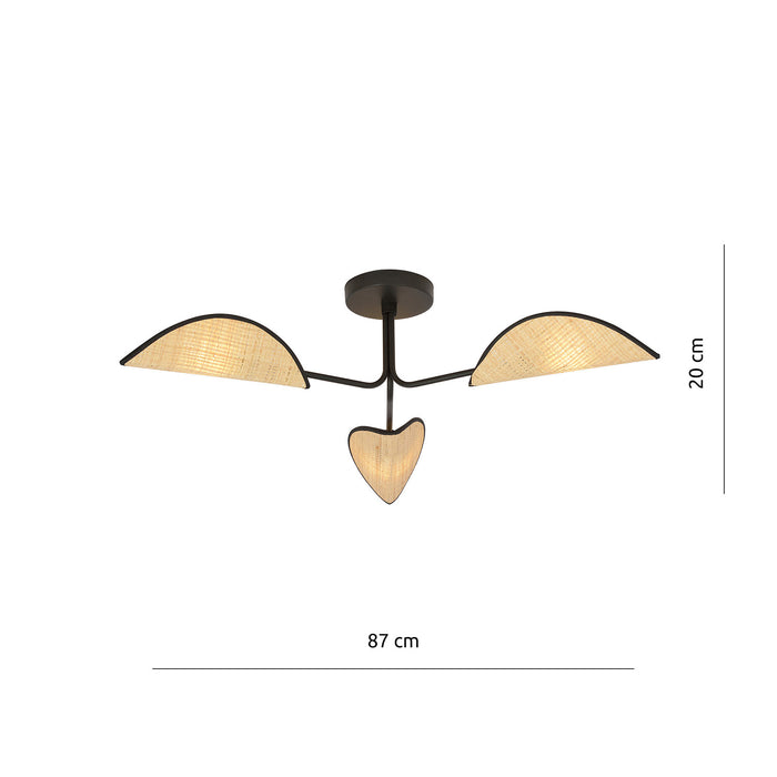 Plafoniera Nordica 3 Luci Gomez In Acciaio Nero E Rattan