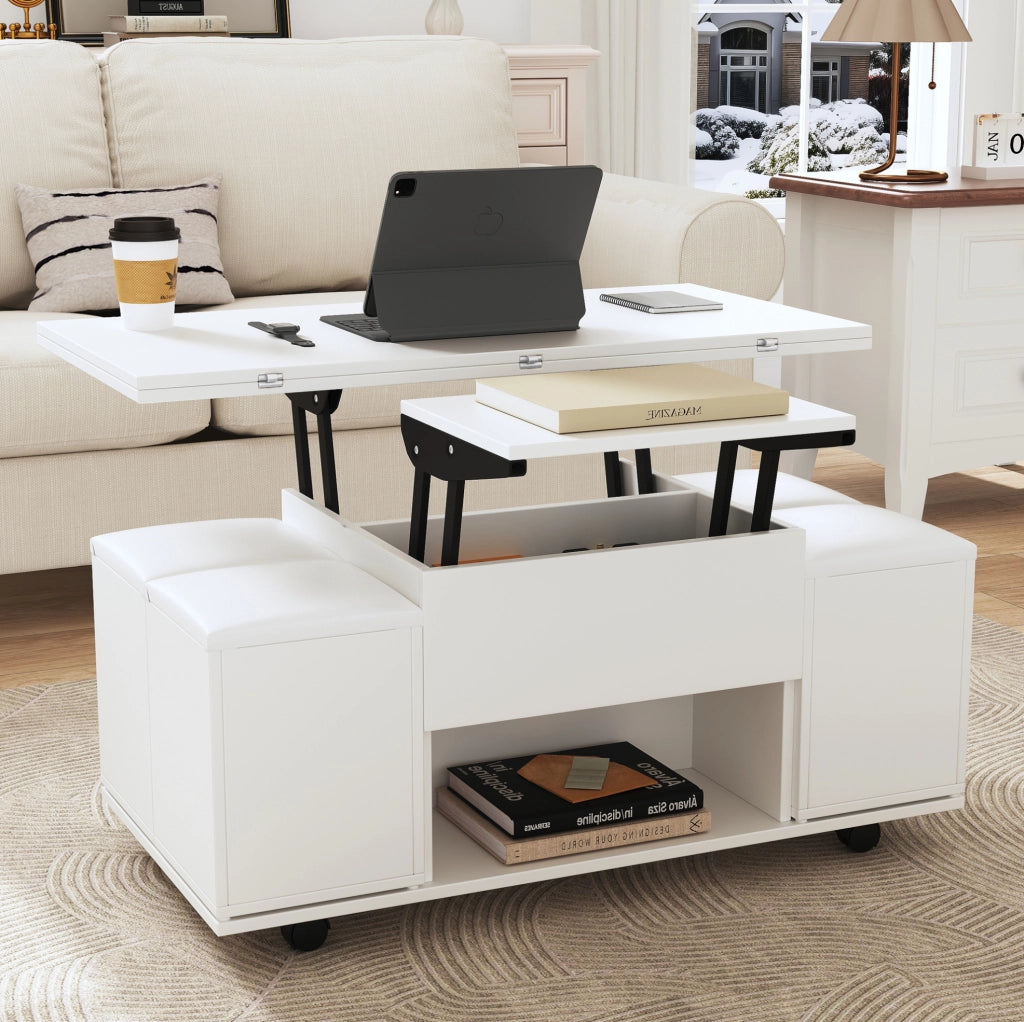 Tavolino da salotto sollevabile multifunzione 100 x 100 x 63;5 cm; bianco; in truciolare