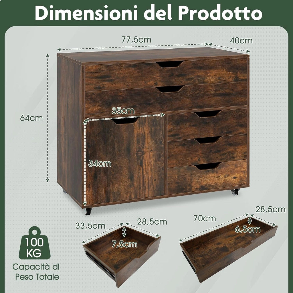 Cassetteria a 5 Cassetti, Comò Camera da Letto con Armadietto con Anta, Comodino Tavolino in Legno con 5 Ruote Universale, Mobile per Soggiorno, 77,5 x 40 x 64 cm (Marrone)
