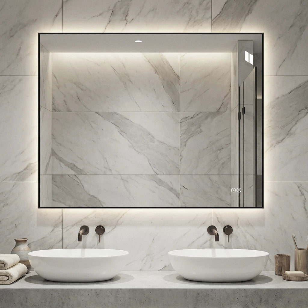 Specchio LED da bagno 70x90 cm con cornice in alluminio, antiappannamento, 3 colori luce