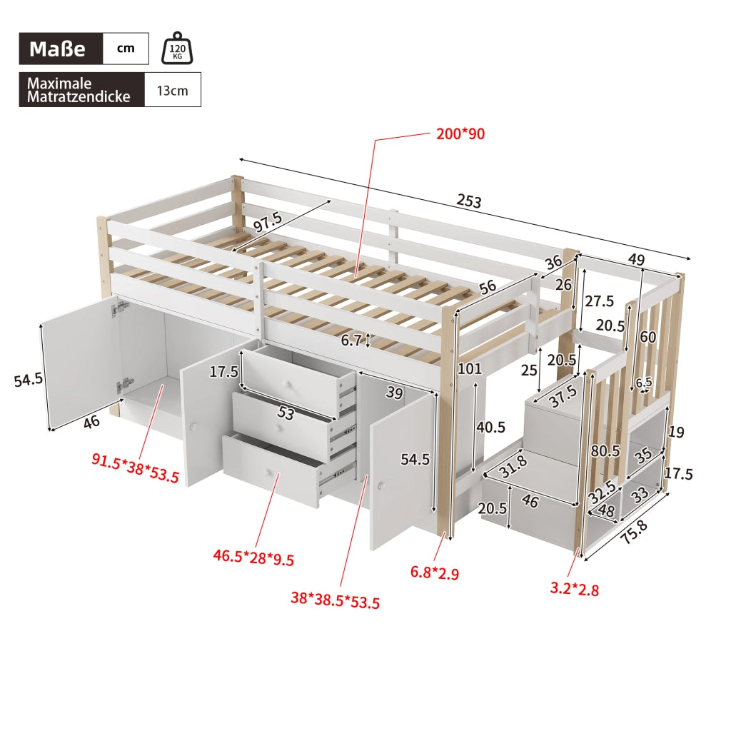 Letto a castello bianco con scala cassetti e armadietti in MDF 90x200 cm