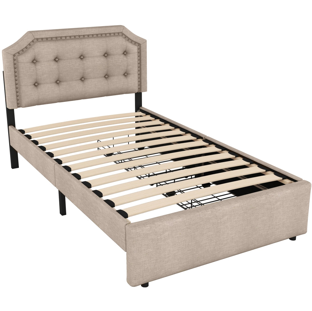 Letto imbottito 90x200 cm con 2 cassetti; testiera regolabile; in MDF e tessuto lino beige scuro