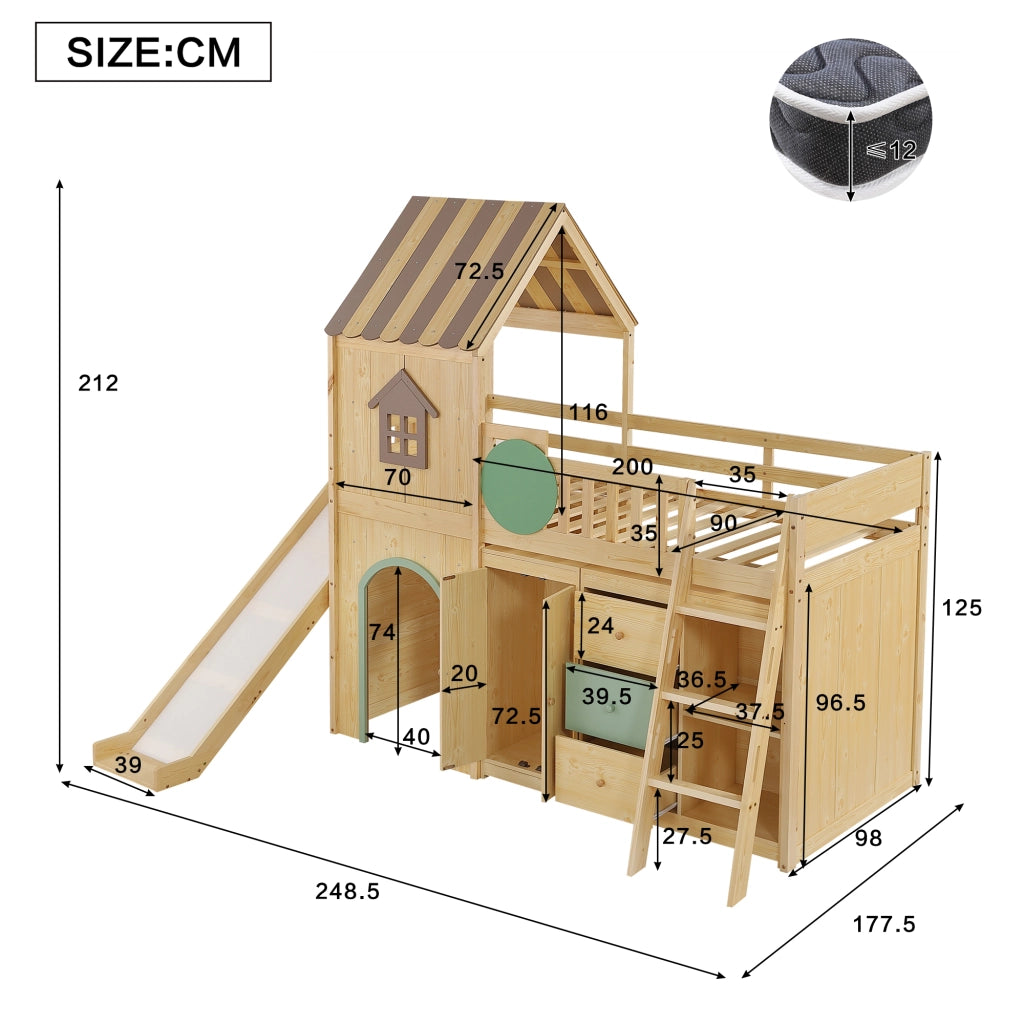 Letto a Soppalco 90 x 200 cm - Scivolo; Scala a 3 Gradini e Armadi - Naturale e Verde