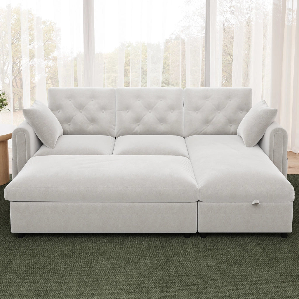 Divano angolare convertibile con chaise longue reversibile e pouf contenitore in velluto beige 219 × 131 × 86 cm