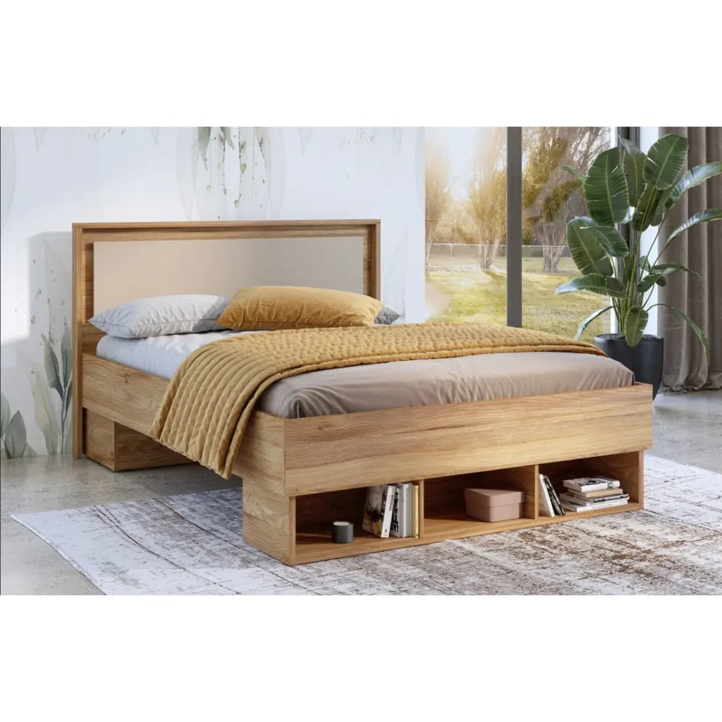 Letto VOX 160x200 - Colore Rovere e Beige con 3 nicchie di stoccaggio