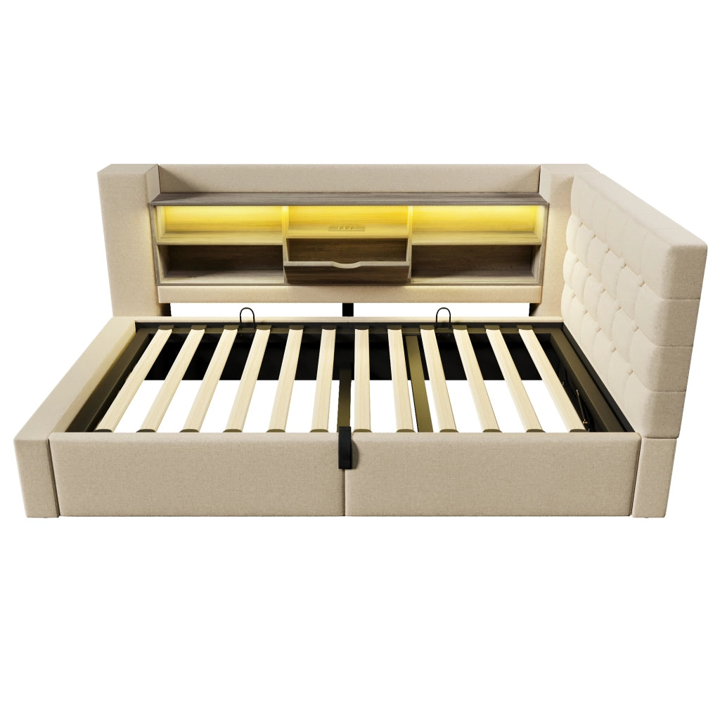 Letto singolo 90x200 cm con LED, contenitore idraulico e materasso, beige