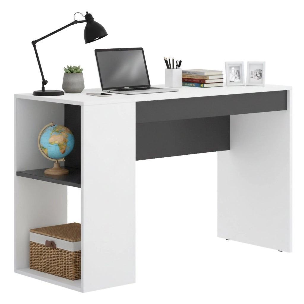 Scrivania Arianella, Scrittoio multiuso da ufficio o cameretta, Tavolo da studio lineare con scaffali, 115x50h74 cm, Bianco e Antracite