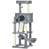 Albero Tiragraffi per Gatti con Pali in Sisal, Casetta, Lettino e Amache, 48x48x140cm, Grigio