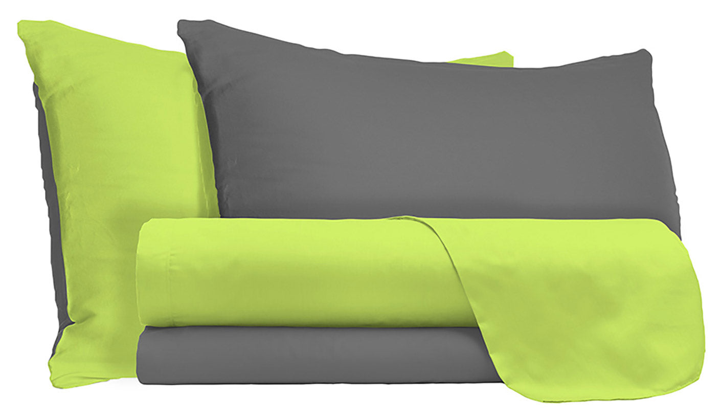 Set Lenzuola Singolo Sopra Sotto e Federein Cotone Verde Acido/Fumo