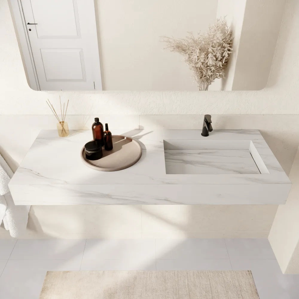 Lavabo sospeso con vasca a destra in hpl 100cm effetto marmo calacatta | Baikal