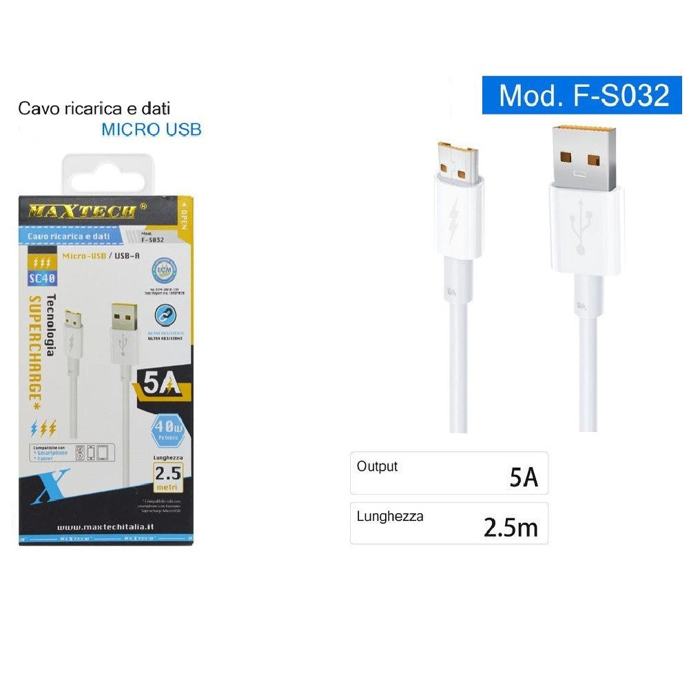 Trade Shop - Cavo Micro Usb 2.5mt Supercharge Ricarica Rapida 5a Dati Smartphone F-s032 Tablet -