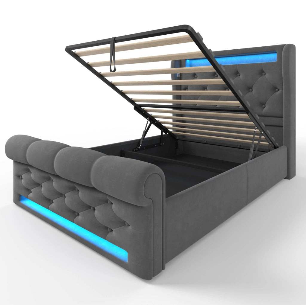 Letto singolo imbottito 90x200 cm in velluto grigio con LED; USB e Type-C; contenitore idraulico