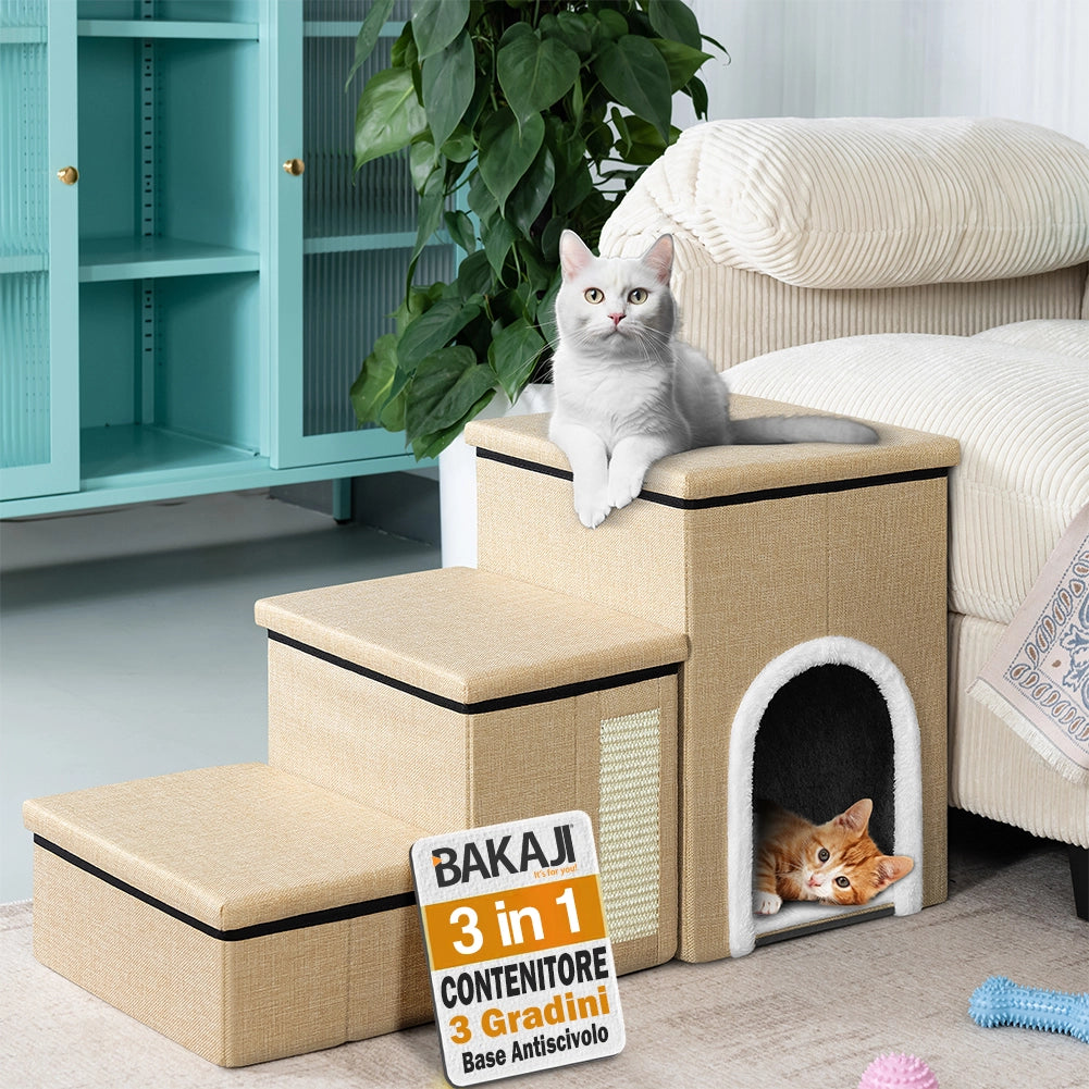Scala per Animali 3in1 Multifunzione Scaletta Beige Pieghevole Vano Contenitore