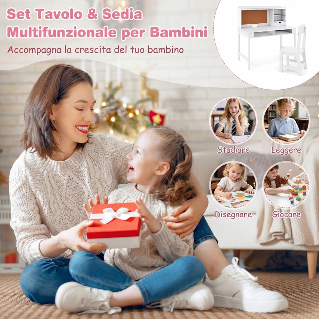 Set Scrivania e Sedia per Bambini, Tavolo per Studenti in Legno con Bacheca in Sughero, Cassetto, Pensile con Ripiani Aperti, Postazione Computer per Bambini per Studio e Lettura (Bianco)