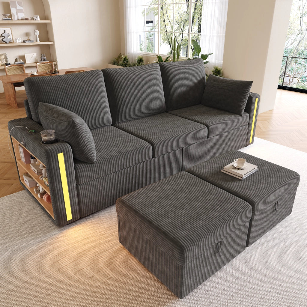 Canapé modulaire in velluto a coste con 2 pouf contenitore, LED, USB e tipo C, portabicchieri grigio 190 × 130 cm