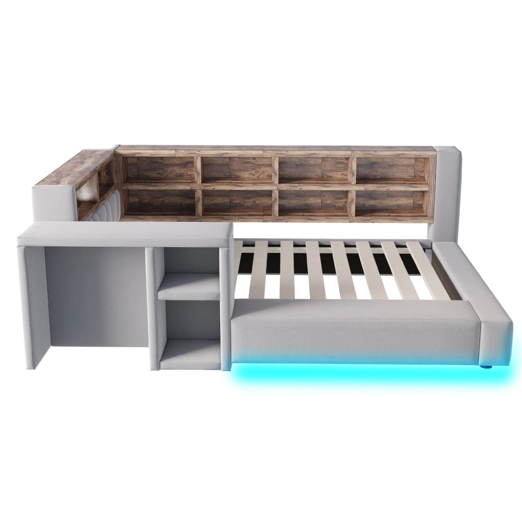 Letto imbottito 90 x 200 cm con testiera imbottita, vani portaoggetti, LED, prese integrate e tavolino laterale, Grigio scuro