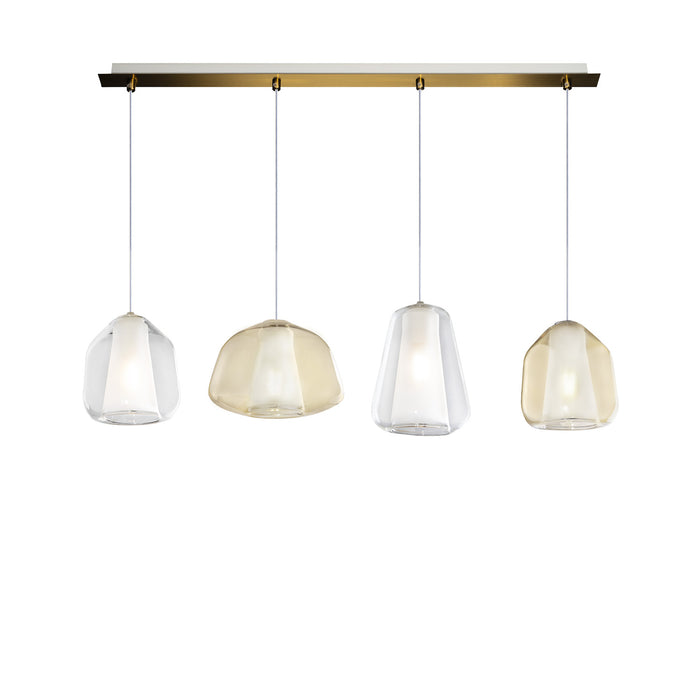 Lampadario Contemporaneo Double Skin Metallo Ottone Vetro Trasp-Ambra 4 Luci E27