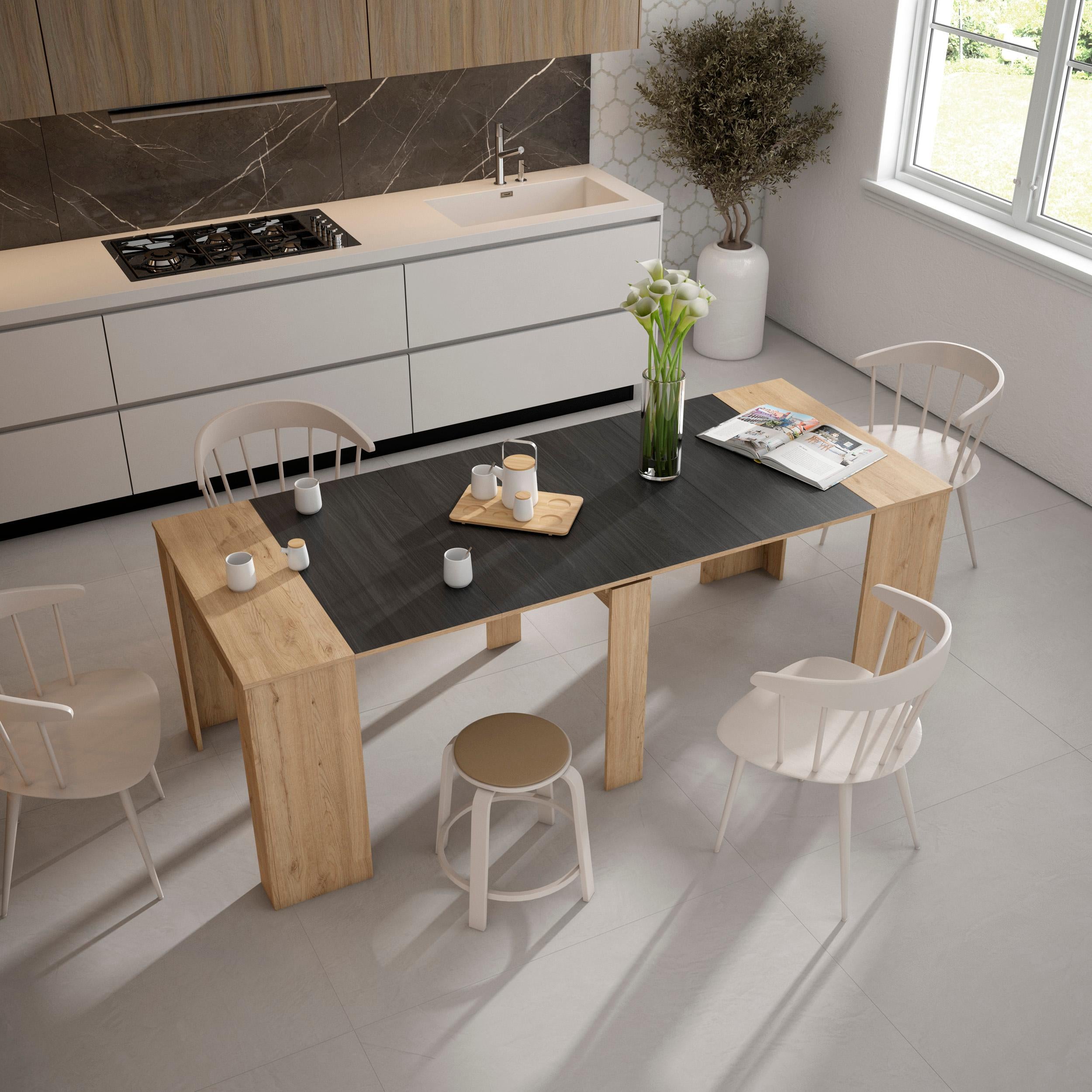 Consolle allungabile, 222x90x77cm, Per 10 persone, Tavolo da pranzo, colore Rovere e nero RF2638