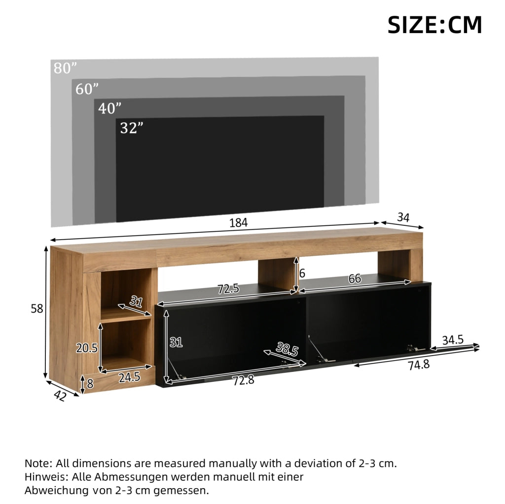 Mobile TV 184x42x58 cm con illuminazione LED e vani aperti in truciolare nero naturale
