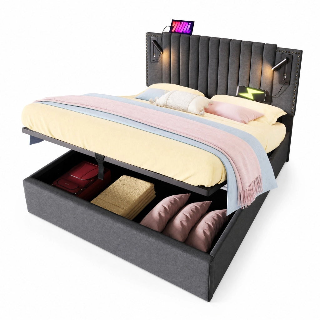 Letto matrimoniale 140x200 cm con contenitore; testiera regolabile; luce da lettura e porte USB; grigio