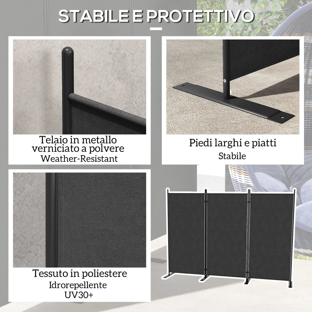 Paravento Esterno 3 Pannelli Pieghevole ¨C Zephmum ¨C Grigio Carbone Poliestere Metallo 252x44x176 cm