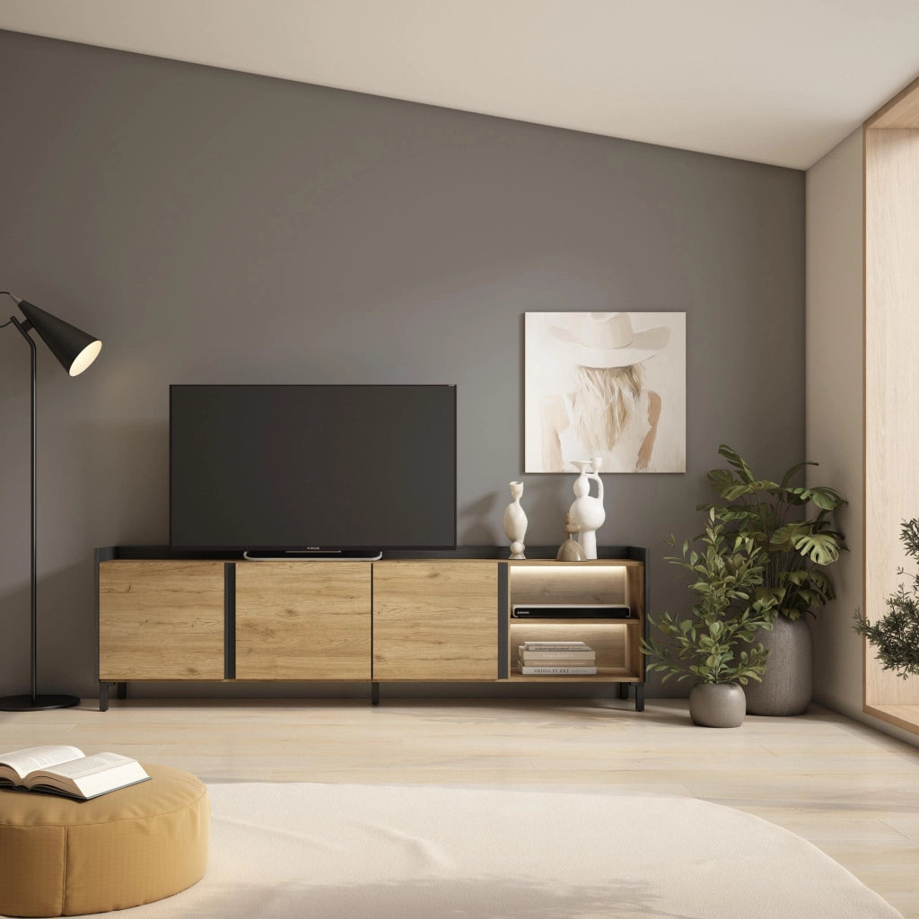 Mobile TV Soggiorno, 207x61x35 cm, Per TV fino a 80", Design industriale, LED, Rovere e nero