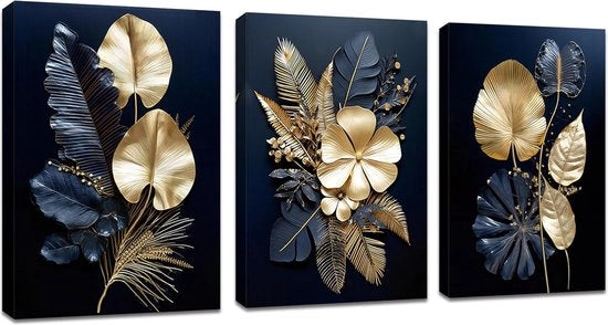 Arte moderna a tre pannelli su tela, blu mare, oro, fiori, foglie di cocco, dipinto su tela stampa per soggiorno, camera da letto, ufficio, decorazione per parete, appeso a telaio, 30 x 40 cm