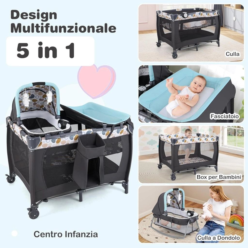 5 in 1 Culla Campeggio Bambini, Lettino Viaggio Neonati Pieghevole con Materasso, Fasciatoio, Box Portatile con Ruote, 2 Giocattoli e Carillon, per Bambini 0-3 Anni (Blu)