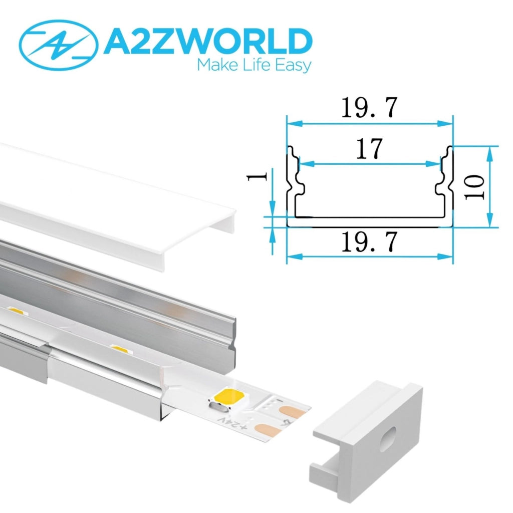 Kit Profilo Alluminio Completo Da 2 Metri Per Striscia Led, Larga Standard, Dimensione 19.7X10mm, Larghezza Interna 17mm, 109g/m, Copertura Opale, Tappi Chiusura e Clip Fissaggio Incluso,BAV23174