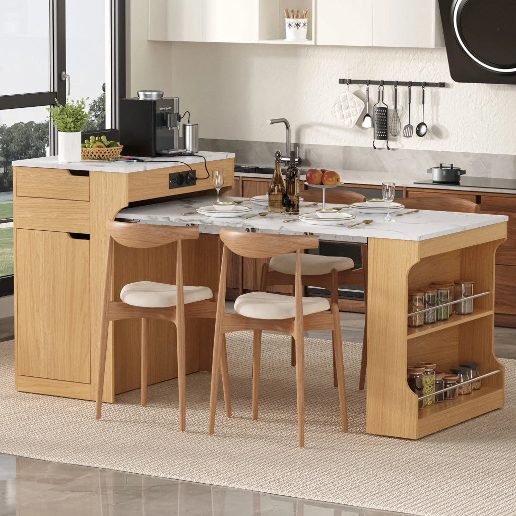 Tavolo da pranzo allungabile con 2 cassetti e vani; prese integrate - per cucina - 55×80×93 cm - naturale