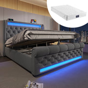 LETTO contenitore 140x200 cm in velluto grigio con LED, USB, Type-C e materasso incluso