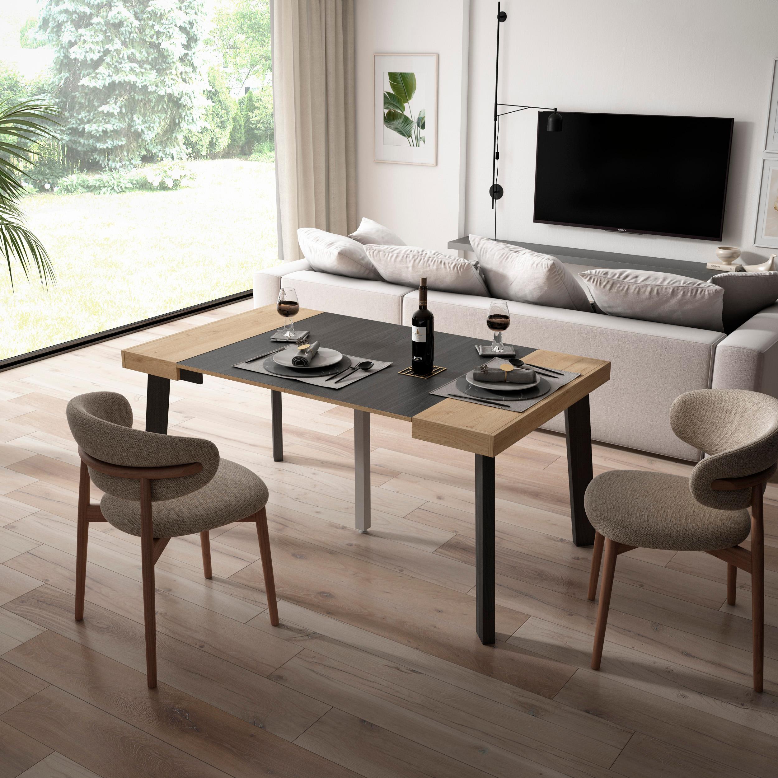 Consolle allungabile, 160x90x73cm, Per 8 persone, Gambe in legno, colore Rovere e nero RF3142