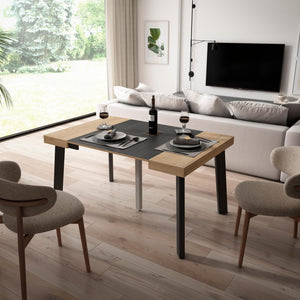 Consolle allungabile, 140x90x73cm, Per 6 persone, Gambe in legno, colore Rovere e nero RF3037