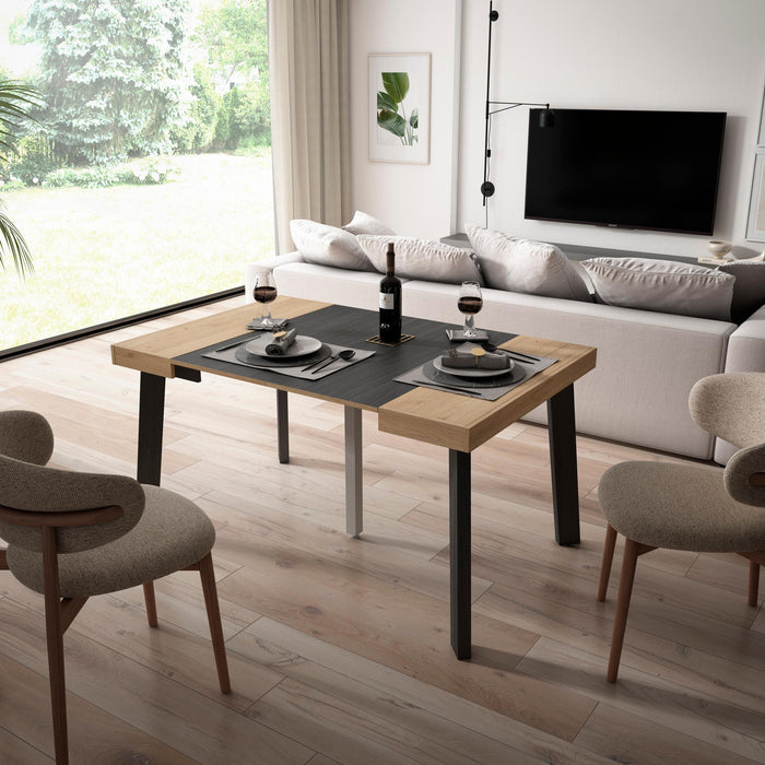 Consolle allungabile, 140x90x73cm, Per 6 persone, Gambe in legno, colore Rovere e nero RF3037