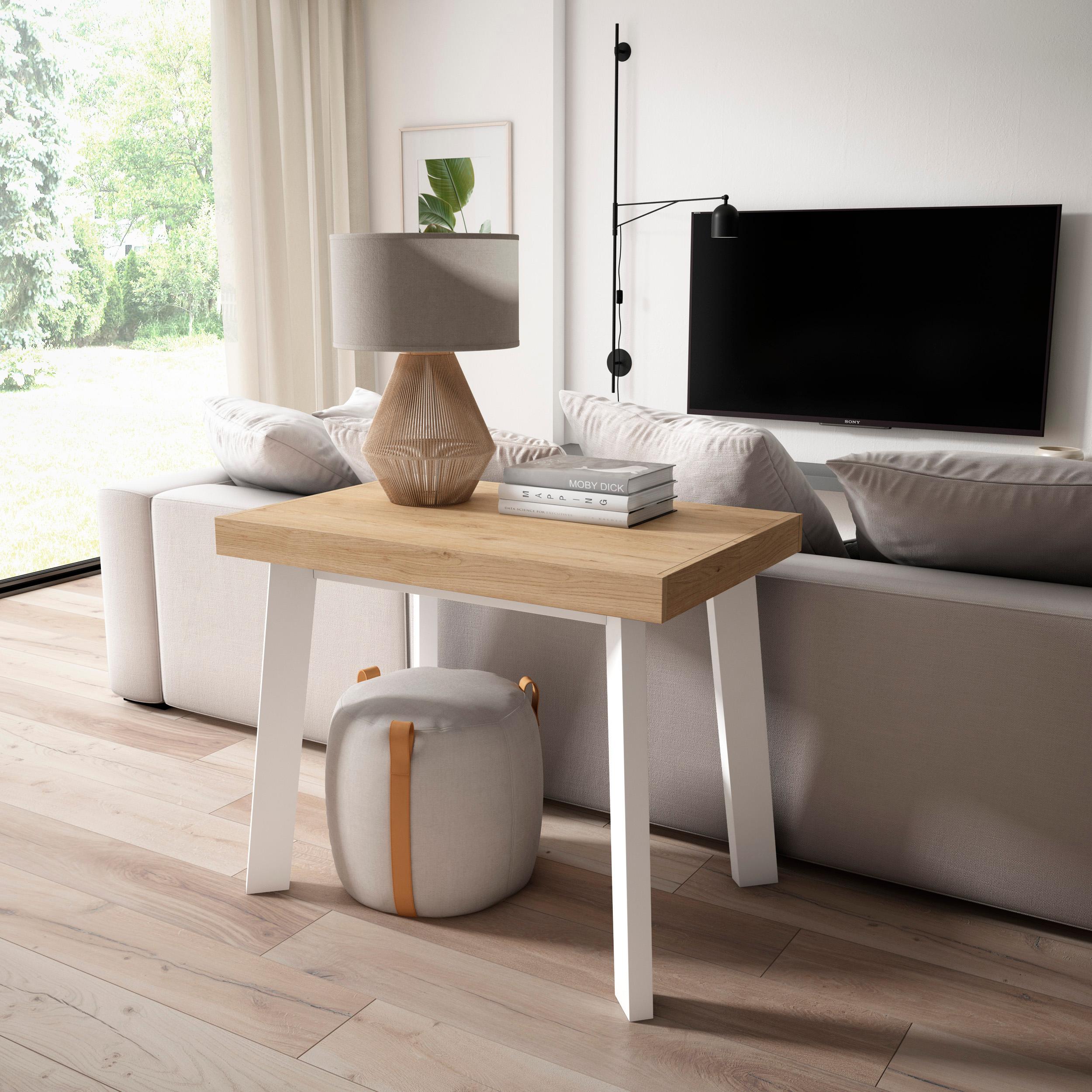 Consolle allungabile, 140x90x73cm, Per 6 persone, Gambe in legno, colore Rovere e bianco RF3122